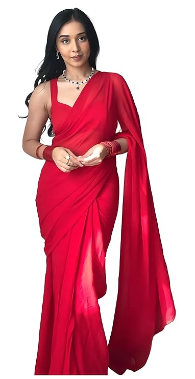 Stylescope Women's Plain Georgette Ready To Wear One Minute Saree With Unstitched Blouse Piece (Kalki)