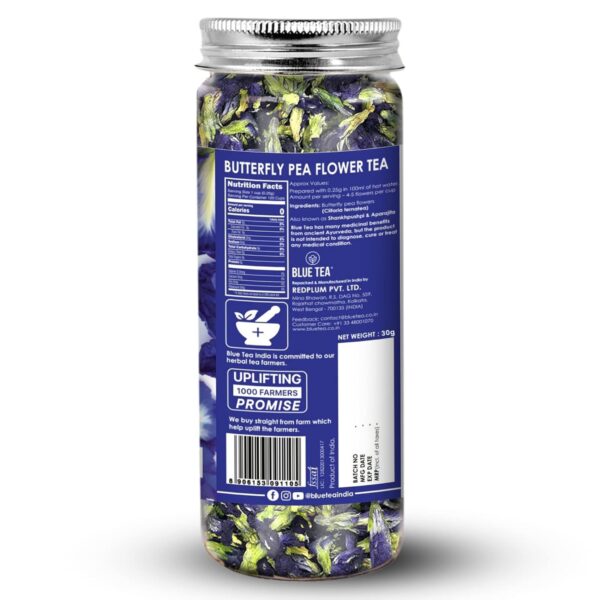 BLUE TEA - Butterfly Pea Flower Tea - 30gm - 30 Cups | SUPER ANTI-OXIDANT | Caffeine Free - Flower Based - Herbal Tea - Relieves Stress - Non GMO - Vegan | Eco-Conscious Pet Jar