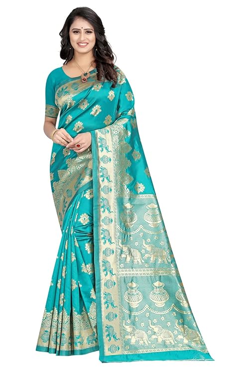 C J Enterprise Women's Pure Kanjivaram Soft Silk Saree for Wedding With Blouse Piece (Pan Butti)