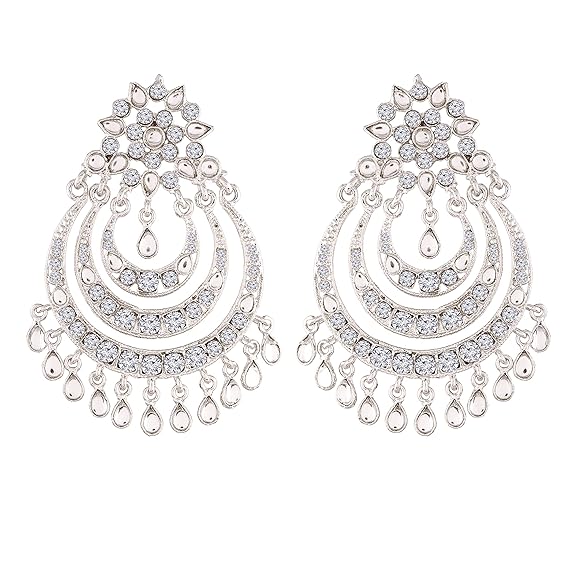 I Jewels Silver Rhodium Plated Designer Chandbali Earrings for Women